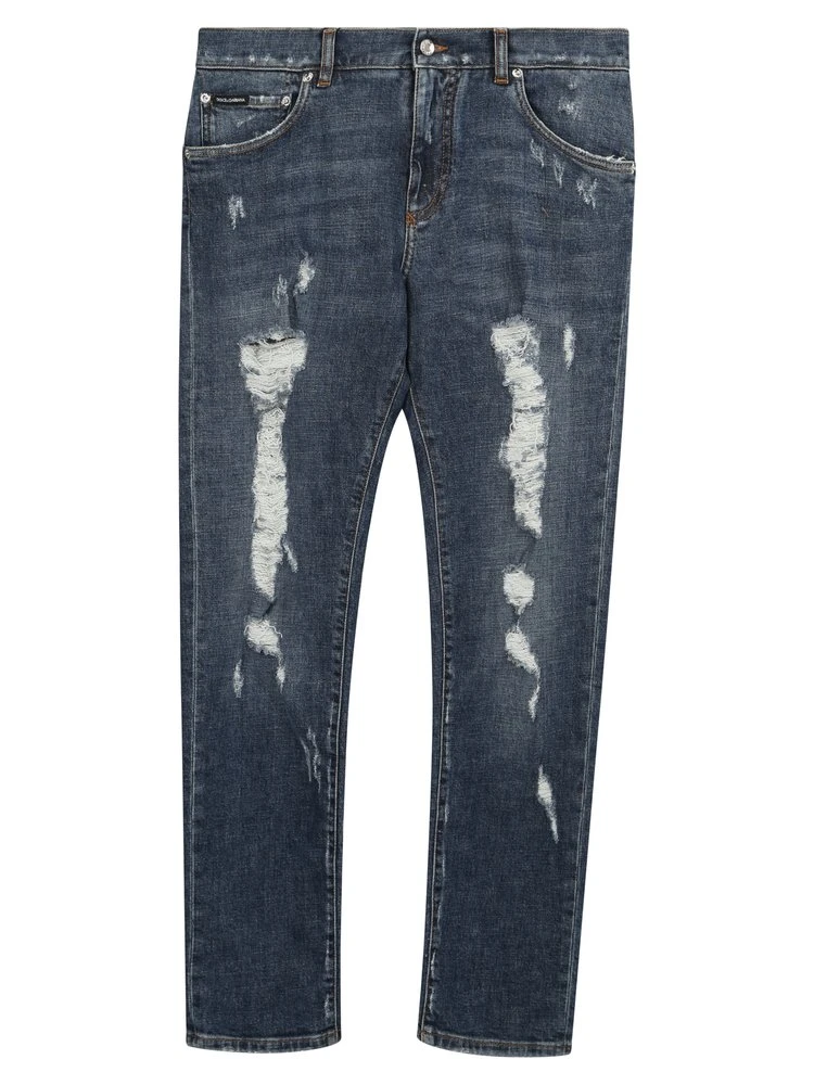 ( New Season ) Dolce & Gabbana Repaired Rips Slim-Fit Stretch Jeans - Blue 1 ( New Season ) Dolce & Gabbana Repaired Rips Slim-Fit Stretch Jeans - Blue