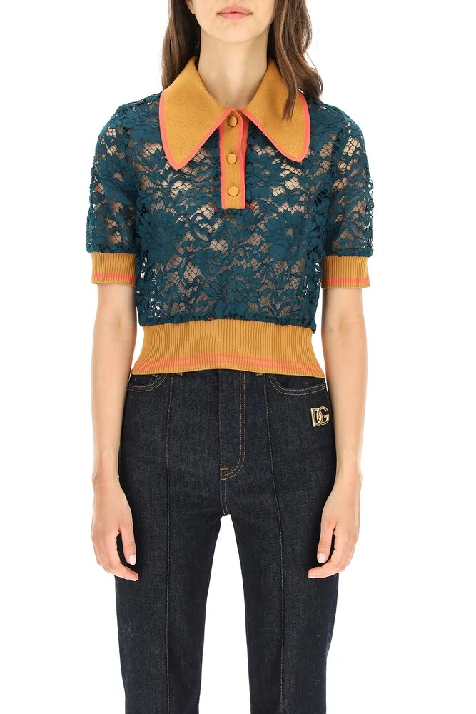 Dolce & Gabbana Lace Panelled Cropped Polo Shirt - Multi 2 Dolce & Gabbana Lace Panelled Cropped Polo Shirt - Multi - Image 2