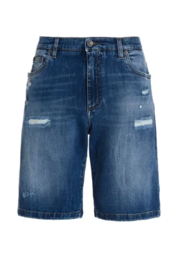 ( New Season ) Dolce & Gabbana Distressed Stretch Denim Shorts - Blue