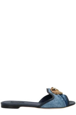 ( New Season ) Dolce & Gabbana Devotion Denim Flat Sandals - Blue