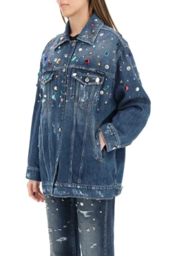 ( New Season ) Dolce & Gabbana Embellished Long-Sleeved Denim Jacket - Blue -Cheap Vestureo Store 832054f366c73e2995a26c042f46f688