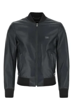 ( New Season ) Dolce & Gabbana Leather Bomber Jacket - Blue