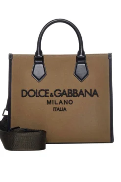 ( New Season ) Dolce & Gabbana Logo Embroidered Small Shopper Bag - Brown