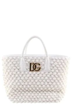 ( New Season ) Dolce & Gabbana Logo Plaque Woven Tote Bag - White