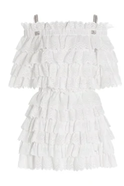 ( New Season ) Dolce & Gabbana Off-Shoulder Lodo Plaque Dress - White