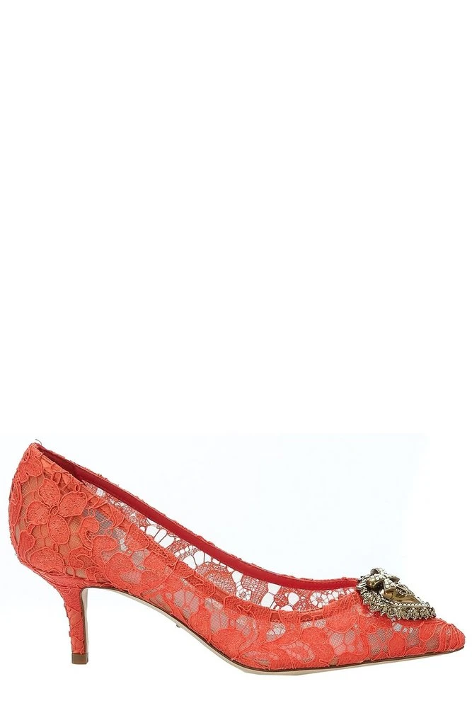 ( New Season ) Dolce & Gabbana Lace Detailed Pointed-Toe Pumps - Red 1 ( New Season ) Dolce & Gabbana Lace Detailed Pointed-Toe Pumps - Red