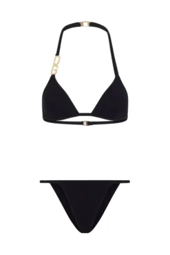 ( New Season ) Dolce & Gabbana DG Plaque Triangle Bikini Set - Black