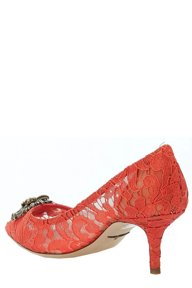 ( New Season ) Dolce & Gabbana Lace Detailed Pointed-Toe Pumps - Red 3 ( New Season ) Dolce & Gabbana Lace Detailed Pointed-Toe Pumps - Red - Image 3