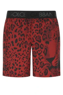 ( New Season ) Dolce & Gabbana Leopard Printed Mid-Length Swim Trunks - Red