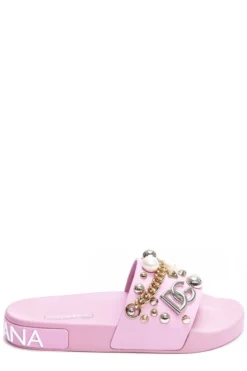 ( New Season ) Dolce & Gabbana Embellished Open Toe Slides - Red