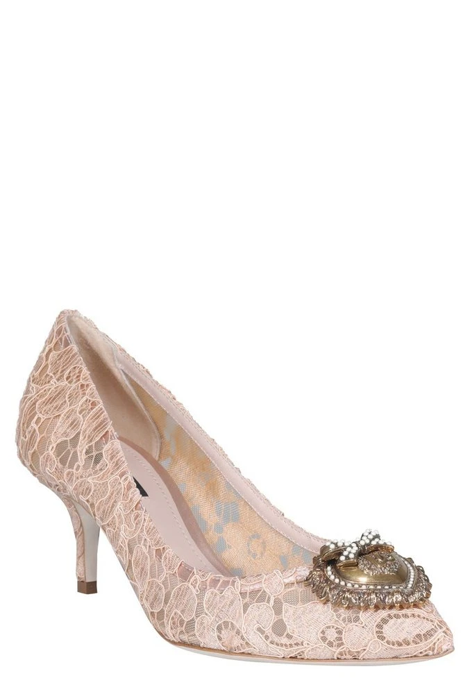 ( New Season ) Dolce & Gabbana Lace Detailed Pointed-Toe Pumps - Pink 2 ( New Season ) Dolce & Gabbana Lace Detailed Pointed-Toe Pumps - Pink - Image 2