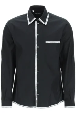 ( New Season ) Dolce & Gabbana Logo Trim Buttoned Shirt - Black