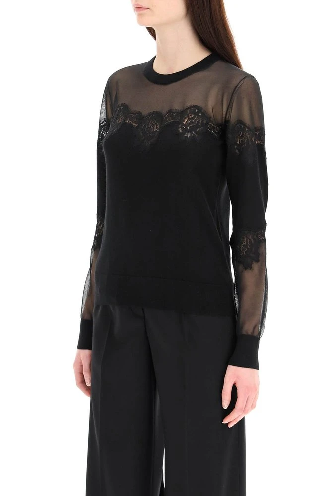 ( New Season ) Dolce & Gabbana Lace Trim Crewneck Knit Jumper - Black 4 ( New Season ) Dolce & Gabbana Lace Trim Crewneck Knit Jumper - Black - Image 4