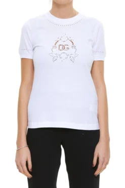 ( New Season ) Dolce & Gabbana DG Openwork Embroidery Jersey T-Shirt - White