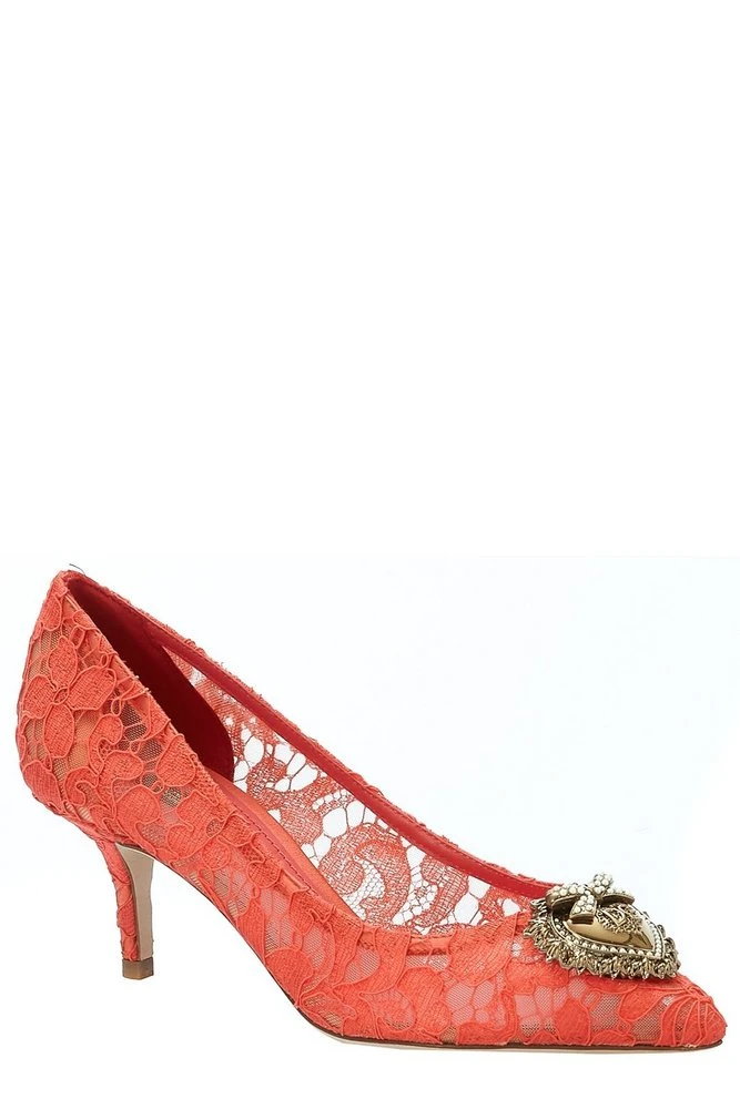 ( New Season ) Dolce & Gabbana Lace Detailed Pointed-Toe Pumps - Red 2 ( New Season ) Dolce & Gabbana Lace Detailed Pointed-Toe Pumps - Red - Image 2