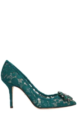 ( New Season ) Dolce & Gabbana Embellished Pointed Toe Lace Pumps - Green