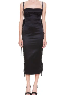 ( New Season ) Dolce & Gabbana Lace-Up Detail Midi Dress - Black