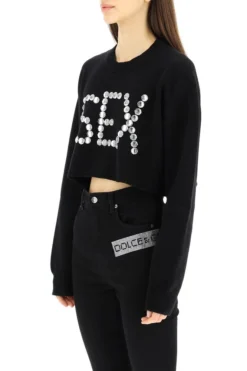 ( New Season ) Dolce & Gabbana Slogan Studded Cropped Sweater - Black -Cheap Vestureo Store b85fa61f4bf229a6e8190cb906181ac8