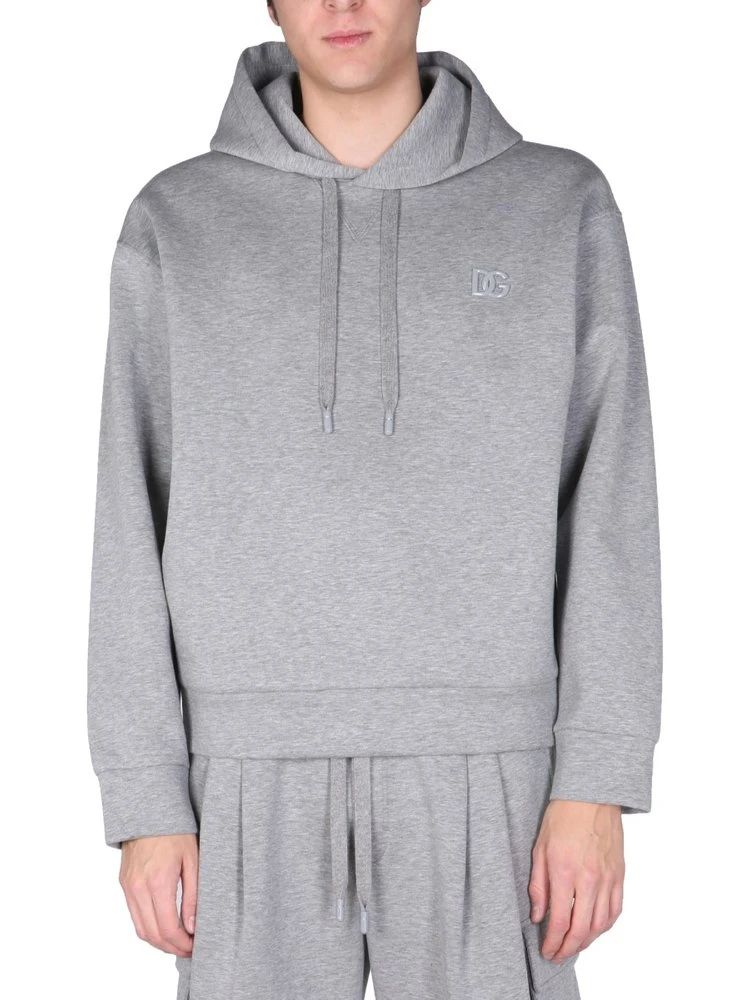 ( New Season ) Dolce & Gabbana Logo Embroidered Hoodie - Grey 1 ( New Season ) Dolce & Gabbana Logo Embroidered Hoodie - Grey