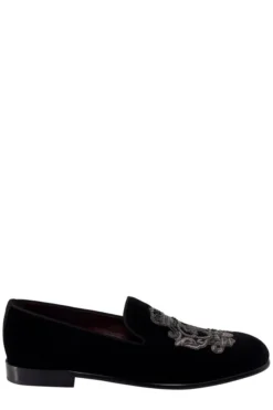 ( New Season ) Dolce & Gabbana Monogram Embroidered Loafers - Black