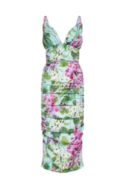 ( New Season ) Dolce & Gabbana Charmeuse Bluebell Printed Midi Dress - Multi