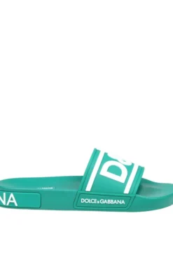 ( New Season ) Dolce & Gabbana Logo Printed Open-Toe Slides - Green