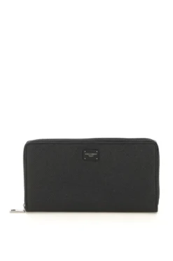 ( New Season ) Dolce & Gabbana Logo Plaque Zip-Around Wallet - Black