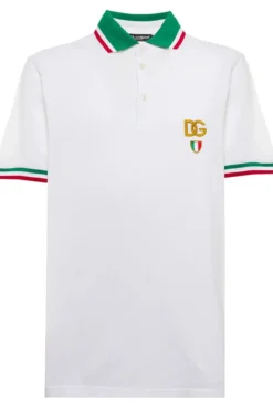 ( New Season ) Dolce & Gabbana Logo Patch Striped Trim Polo Shirt - White