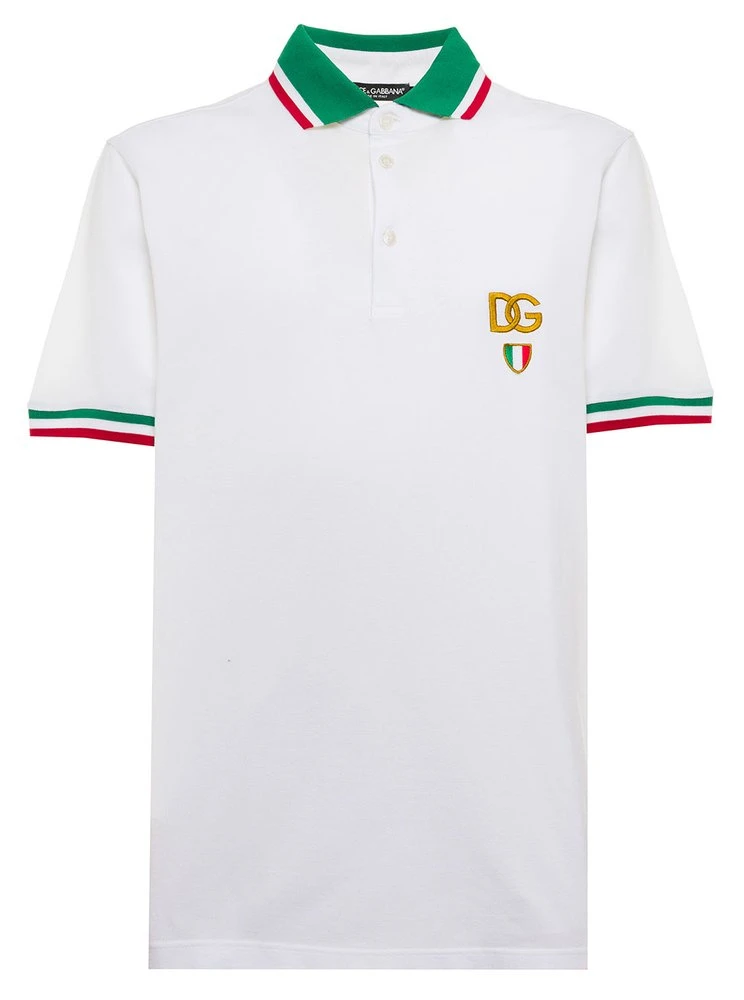 ( New Season ) Dolce & Gabbana Logo Patch Striped Trim Polo Shirt - White 1 ( New Season ) Dolce & Gabbana Logo Patch Striped Trim Polo Shirt - White