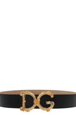 ( New Season ) Dolce & Gabbana Baroque Logo Plaque Buckle Belt - Black