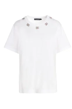 ( New Season ) Dolce & Gabbana DG Logo Embellished Jersey T-Shirt - White