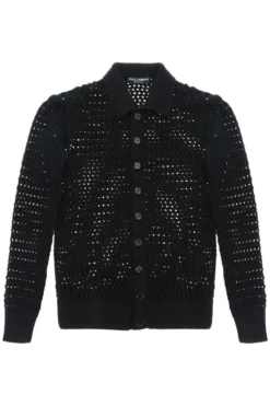 ( New Season ) Dolce & Gabbana Mesh-Stitch Polo-Style Sweater - Black