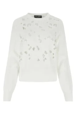 ( New Season ) Dolce & Gabbana Crewneck Openwork Embroidered Sweater - White