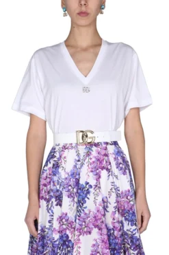 ( New Season ) Dolce & Gabbana Logo Embellished Crewneck T-Shirt - White