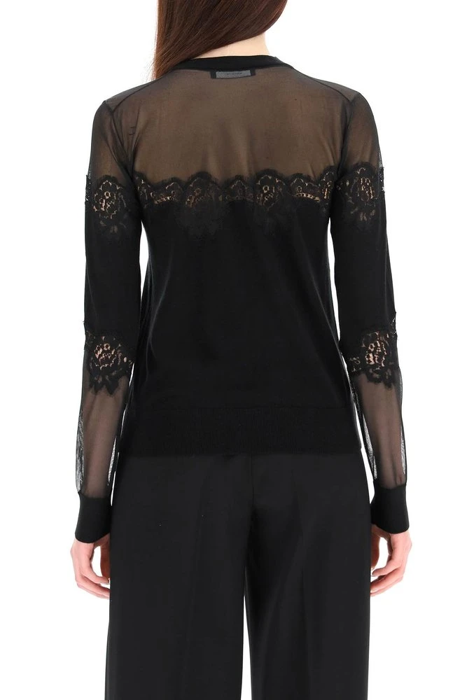 ( New Season ) Dolce & Gabbana Lace Trim Crewneck Knit Jumper - Black 3 ( New Season ) Dolce & Gabbana Lace Trim Crewneck Knit Jumper - Black - Image 3