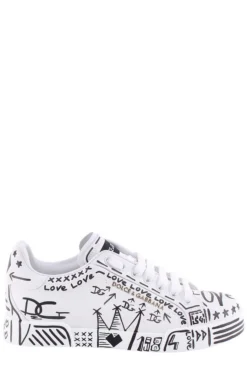( New Season ) Dolce & Gabbana Printed Lace-Up Sneakers - White