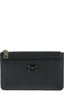 ( New Season ) Dolce & Gabbana Logo Plaque Zip-Up Wallet - Black
