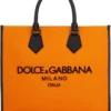 ( New Season ) Dolce & Gabbana Embroidered Logo Tote Bag - Orange