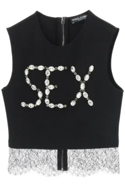 ( New Season ) Dolce & Gabbana Embellished Cropped Tank Top - Black
