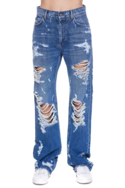 ( New Season ) Dolce & Gabbana Distressed Straight Leg Jeans - Blue