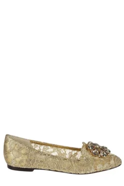 ( New Season ) Dolce & Gabbana Vally Taormina Lace Embellished Ballerina Shoes - Gold