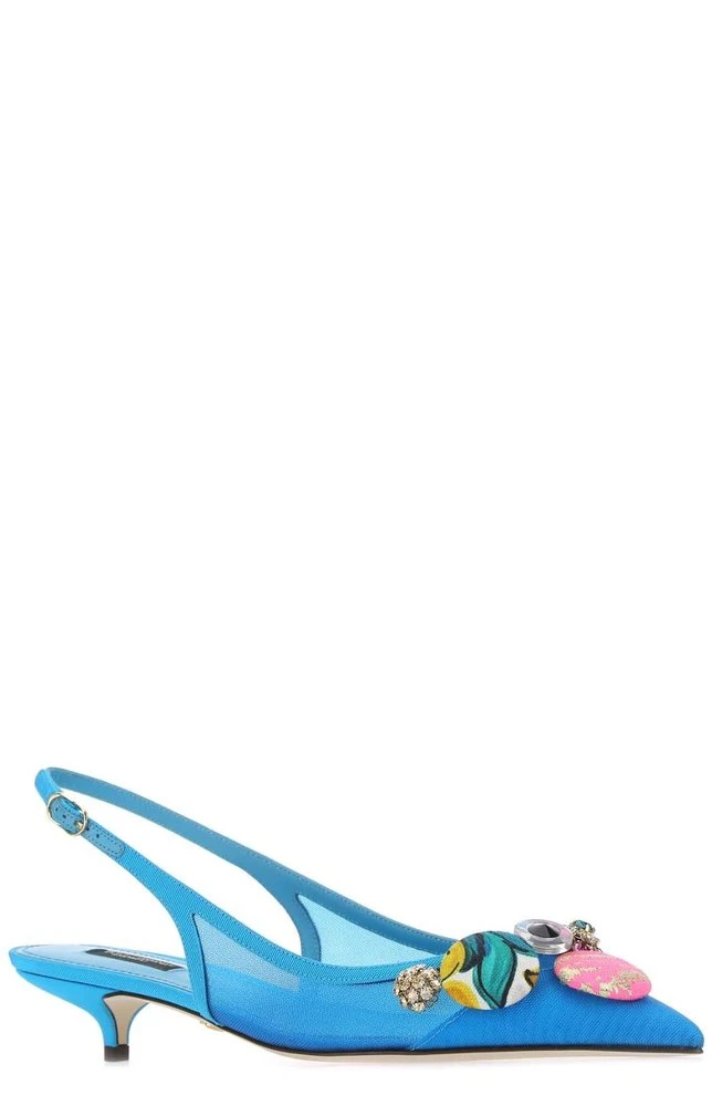 Dolce & Gabbana Bejewelled Buttons Slingback Pumps - Blue 2 Dolce & Gabbana Bejewelled Buttons Slingback Pumps - Blue - Image 2