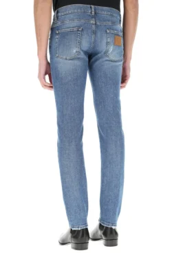 Dolce & Gabbana Distressed Slim Leg Jeans - Blue -Cheap Vestureo Store f181397108802cb04403c1eb2f6dc74d