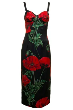 ( New Season ) Dolce & Gabbana Floral Printed Sweetheart Neck Midi Dress - Multi