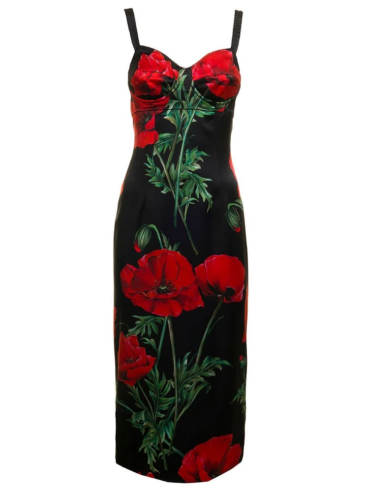 ( New Season ) Dolce & Gabbana Floral Printed Sweetheart Neck Midi Dress - Multi 1 ( New Season ) Dolce & Gabbana Floral Printed Sweetheart Neck Midi Dress - Multi